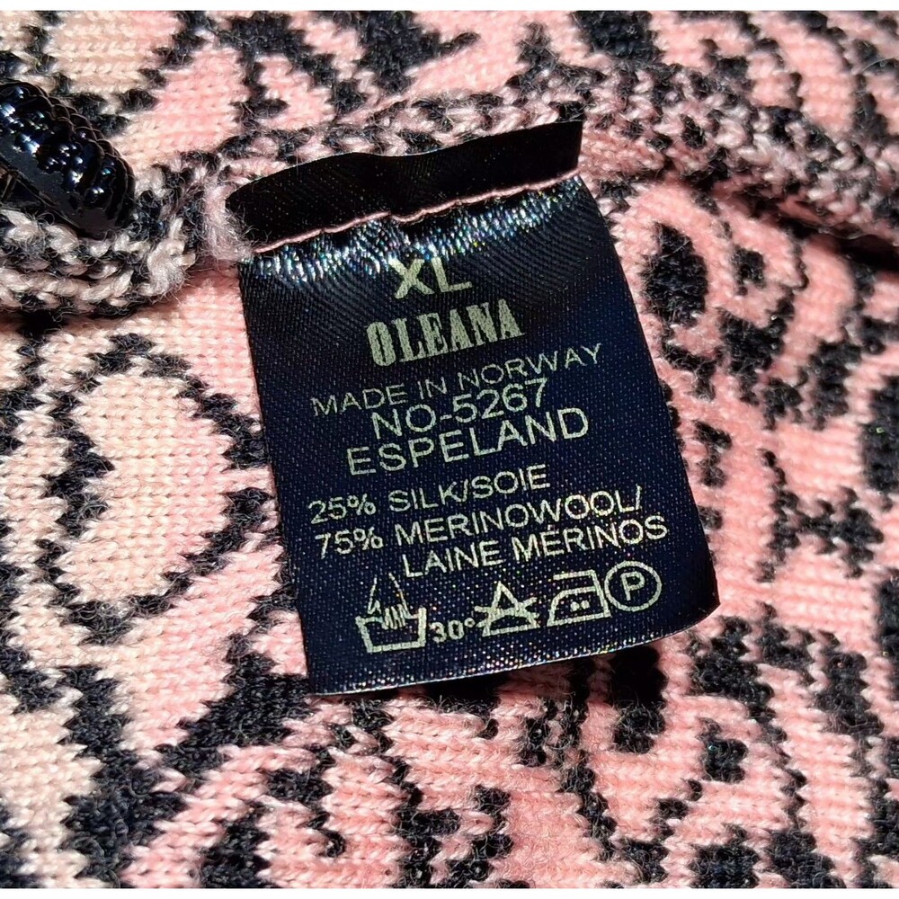 Oleana Norwegian Silk Merino Wool Cardigan Sweater Pink Black Nordic Knit XL - Picture 9 of 9